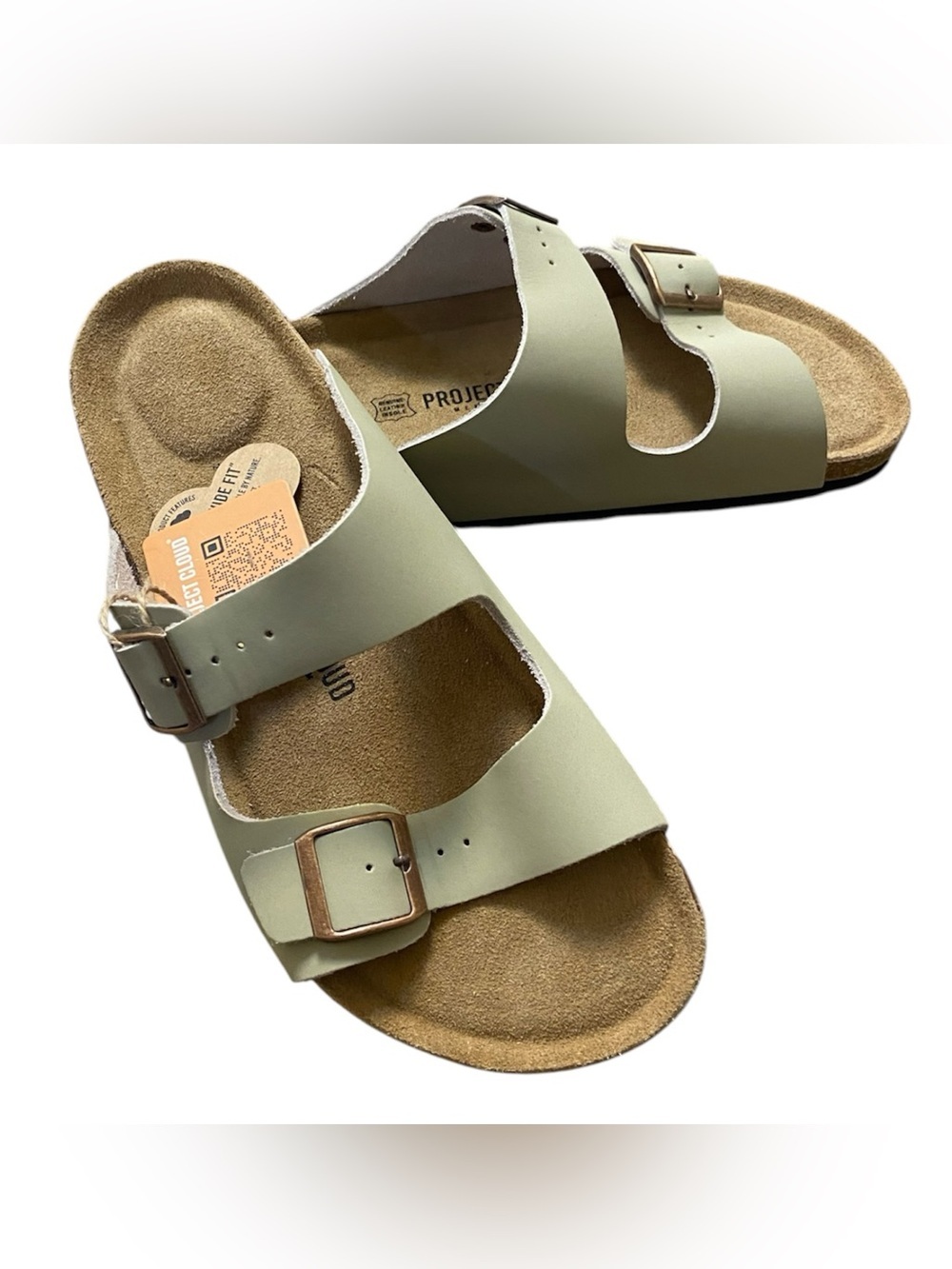 Project Cloud Leather Double Buckle Slide Sandals Sage Green Wide Fit  10W NWT